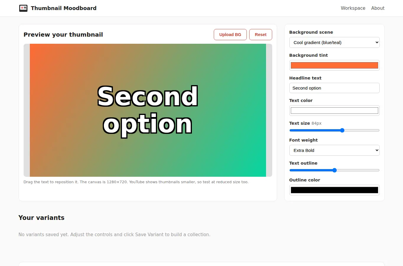 Screenshot of Creator Thumbnail Moodboard – Visual Planner for YouTube Thumbnails interface showing the project page in use
